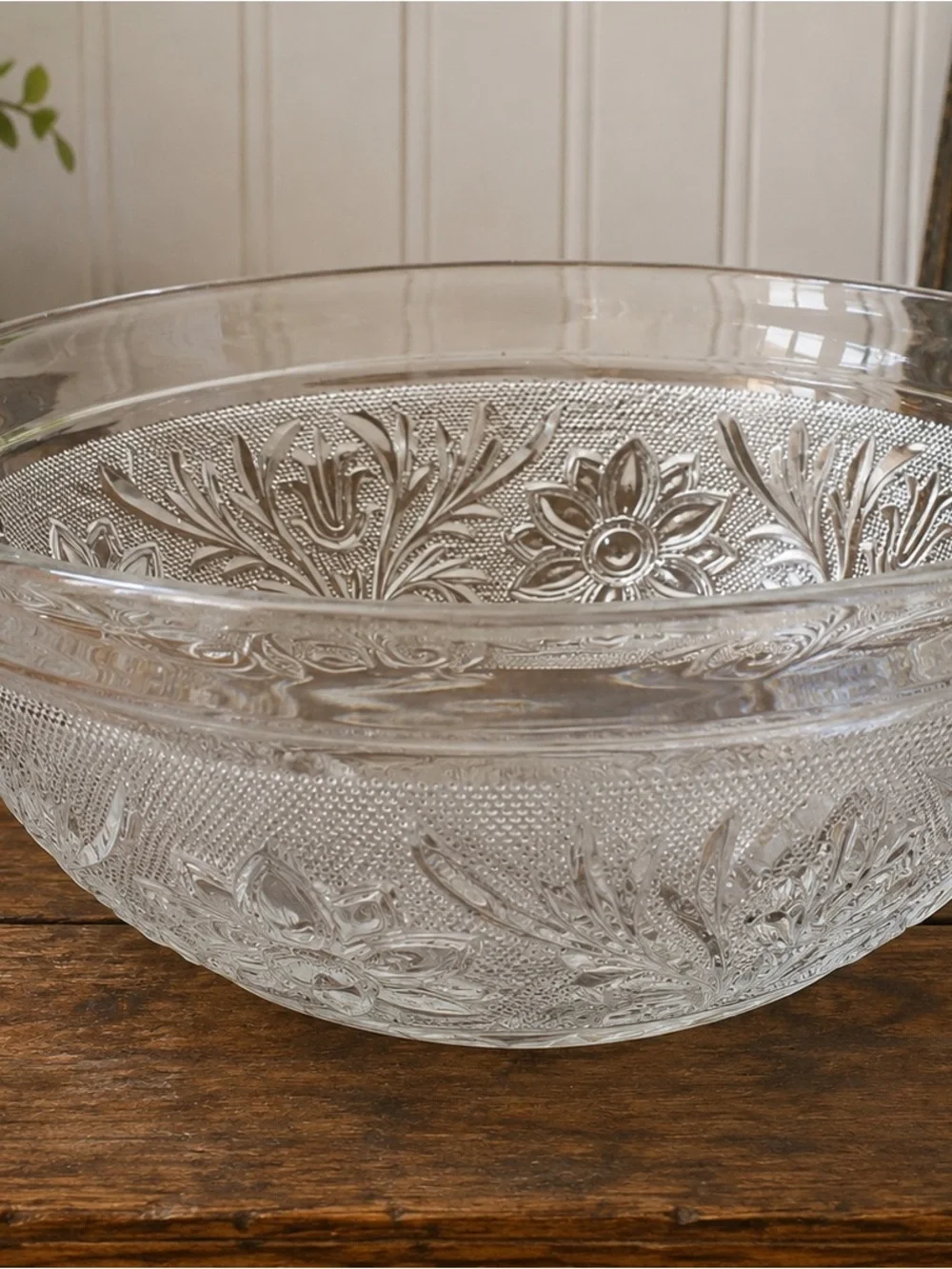 Vintage Clear Pressed Glass Bowl & Underplate Floral Serving Set